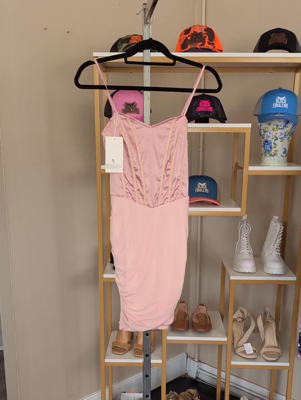 Blush Pink Spaghetti-Strap Mini Dress with Corset Seams